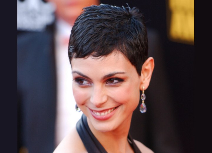 Morena Baccarin with her hair in a practical pixie